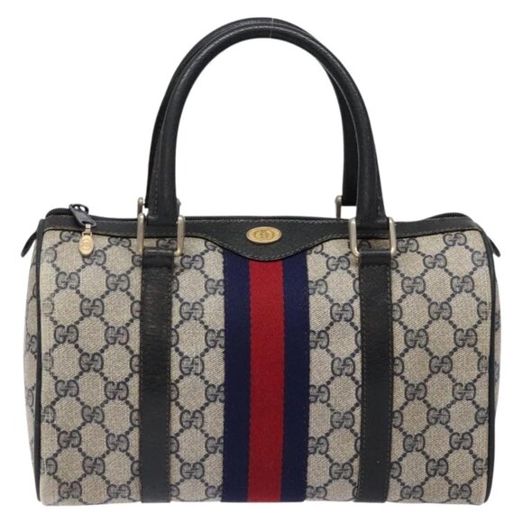 GUCCI GG Supreme Sherry Line Hand Bag PVC Navy Gold Red Auth 135604 - Picture 11 of 16
